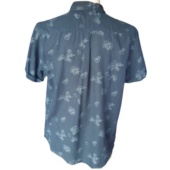 Steel & Jelly SZ M Linen & Cotton Navy Print Men's Short Sleeve Button Up Shirt - Picture 2 of 14